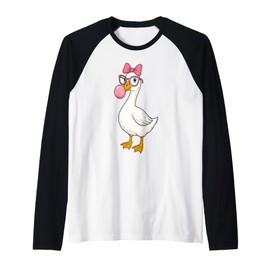 Cute Goose with Glasses Bow and Bubblegum Raglan Baseball Tee