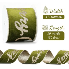 LIZLOVESS Moss Velvet Champagne Gold Merry Christmas Wired Ribbon, 4 Inch x 10 Yards for Christmas Tree Decoration, Green and Gold Velvet Ribbon for Home Decor, Wreaths, Garlands