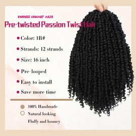 8 Packs Pretwisted Passion Twist Crochet Hair 16 Inch Pre Looped Crochet Passion Twist Hair Soft Crochet Braids Hair for Women Natural Black (16 Inch 1B#)