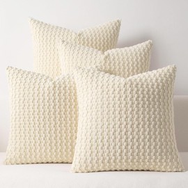 Kevin Textile Throw Pillow Covers Pack of 4 Spring Super Soft Boho Corduroy Decorative Pillow Covers Cases Solid Color Plush Texture Throw Pillows for Sofa Couch Chair 18x18 Inch, Cream White