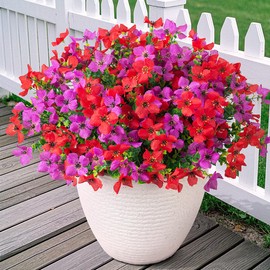 Artificial Faux Plants Flowers Outdoor Spring Summer Decoration, 12 Bundles Fake Silk Colorful Daisy Eucalyptus Realistic UV Resistant for Outside Home Planter Porch Patio Yard Decor (Red Purple)