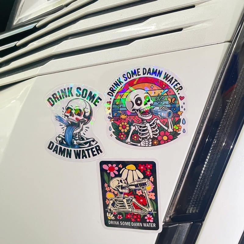 3 Pcs Drink Some Damn Water Holographic Sticker, Skull Skeleton