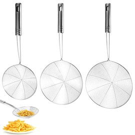 3 Pieces Spider Web Ladle Stainless Steel Spoon Filter Set, Cooking Skimmer, Slotted Spoon, Straining Spoon, Kitchen Ladle Made of Wire Mesh with Handle, 3 Sizes, for Skims Fat Scum
