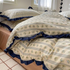 GETIYA Elegant Green Floral Bed Linen 135 x 200 cm Cotton Bed Linen Beige Girls Women's Bed Linen with Blue Ruffles Striped Duvet Cover Two Piece with Zip and 1 Pillowcase 80 x 80 cm