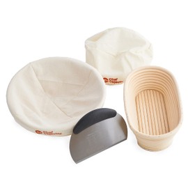 Chef Objects Banneton Proofing Basket Set for the Artisan Bread Maker - 10 Inch Round and Oval Bread Proofing Baskets, 2 Natural Linen Cloths, Metal Pastry Dough Scraper - 5 Pcs Sourdough Starter Kit