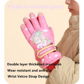 Hjkiopc Children's Ski Gloves, Waterproof, Wear-resistant and Warm Gloves, Knitted Cuffs, Lined with Cashmere, Adjustable Size with Velcro Closure, 6-12 Years Old Children (Red Unicorn)