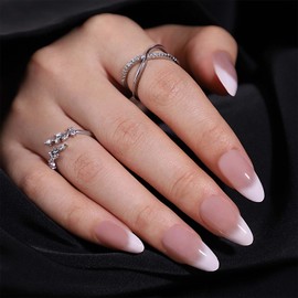 Gradient French Tip False Nails - 24PCS Almond False Nails - Nude White Gradient Nails French Tip - Medium Length White Blooming Nail Design Glossy Full Cover Acrylic Nail Art