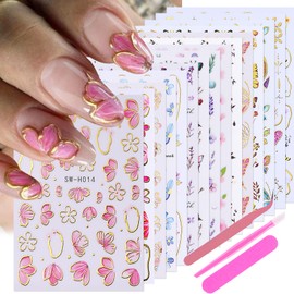 Flower Petal Nail Stickers Decals 15 PCS Butterfly Flower Leaves Stickers for Nails with Tweezers 3D Self-Adhesive Summer Decals Pink Blue Purple Floral Supplies Nail Art Design Decoration Accessories