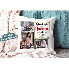 PR Print Royal Kissen mit Füllung - Fotocollage selbst gestalten mit Spruch für Uroma - GLÜCK - mit drei eigenen Fotos - Geschenkidee Fotokissen - Kissen Polyester - Weiß