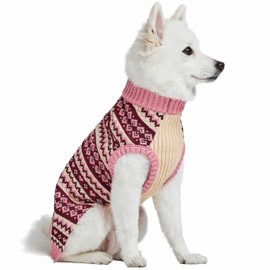 Blueberry Pet Heart Designer Everyday Turtleneck Fair Isle Fall Winter Pullover Dog Sweater in Pink, Back Length 14", Warm Clothes for Medium Dogs