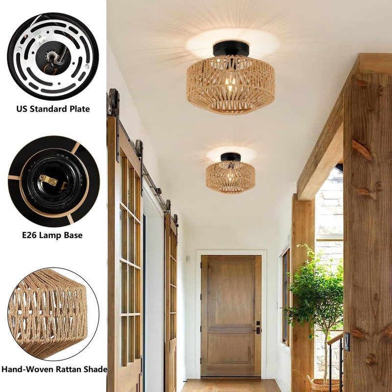 SEIHONG Rattan Ceiling Light Rustic Semi Flush Mount Ceiling Light