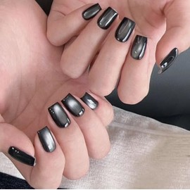 Press On Nails, Cat Eye‘s Beauty Pattern in Glue on Nails, Fake Nails, Stick On Nails, Short Almond Square Shape on 24PCS (Black)