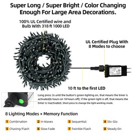 OUTYLTS 1000 LED 328ft 8 Modes with Timer Christmas String Lights IP55 Outdoor Waterproof UL Certificated Indoor Fairy Lights Garden Patio Wedding Christma Trees Parties Decoration Multicolor