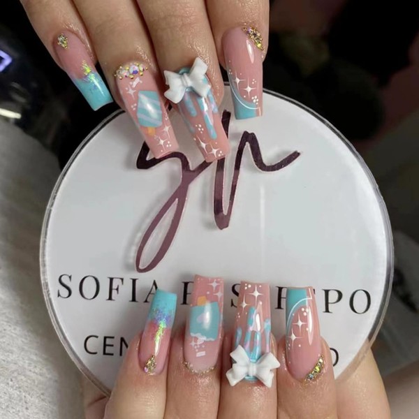 French Tip Press on Nails Long Square Coffin False Fake
