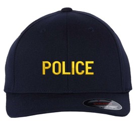 Police Fitted Baseball Hat Structured Uniform Guard Officer Pro-Formance Flexfit Cap (Navy with Gold Text, Size L/XL)