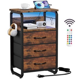 runjuly Bed Side Table with 3 Fabric Drawers, Night Stand with Charging Station, LED Nightstand with Hooks, Bedside Table End Table with Storage, Night Table for Living Room, Bedroom (Rustic Brown)