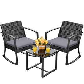 Devoko PP Patio Furniture Set 3 Piece All Weather Outdoor Rocking Chairs with Cushions and Coffee Table for Bistro Balcony Porch (Gray)