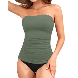 Aqua Eve Bandeau Swimsuits for Women Two Piece Bathing Suits Ruched Tummy Control Tankini Sets Strapless Swimwear Army Green X-Large