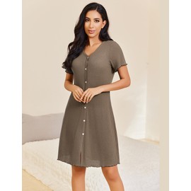 Ekouaer Women's Button Down Nightgowns Short Sleeve Waffle Knit Night Shirts for Women Sleepwear V Neck Sleep Dress,Deep Khaki,XX-Large