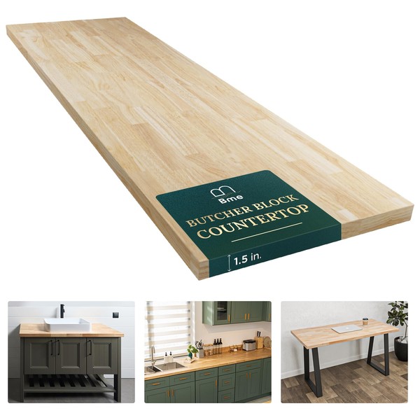 Bme Unfinished Hevea Solid Hardwood Butcher Block Countertop for DIY, Wood Table Top, Washer Dryer Counter Top, 5ft. L x 25"W, 1.5" Thick