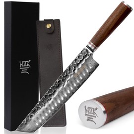 YOUSUNLONG Tanto Chef Knife 10 inch Japanese Hammered Damascus Steel - Natural Walnut Handle with Leather Sheath