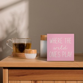 Luipk Where The Wild Ones Play Pink Wood Box Sign Desk Decor 5X5, Nursery Kids Room Wooden Block Sign Decorations for Playroom Toddler Boys Girls Room Wall Tabletop Shelf Decor