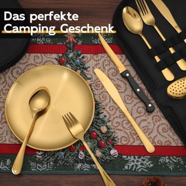 PURPLEBIRD Camping Cutlery Set Golden - 10-Piece Crockery Set for 2 People for Picnic & Travel Portable Stainless Steel Crockery Set with Case Ideal for Outdoor Camping