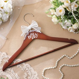 Yuntau Bride Wedding Dress Pearl Mrs. Hanger with Pearl Ribbon Bow Elegant Wooden Dress Hanger to Be Ideal Keepsake for Wedding Day Gift(Walnut,Mrs)