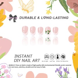 Christmas Press on Nails Short Oval MABKJLF White French Tip Fake Nails Winter False Nails with Designs Mistletoe Nude Natural Nails Glossy Glue on Nails Xmas Acrylic Nails for Women Girls 24 Pcs