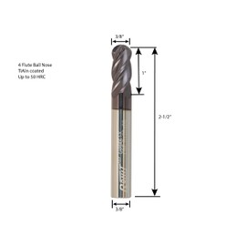 Rohit 4 Flute C-102 Solid Carbide Micro Grain Ball Nose End Mills 3/8" Diameter x 1" Cut Length, 3/8" Shank Diameter x 2-1/2" Overall Length. 30 Degree Helix Angle