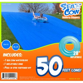 Blue Sea Cow Giant Backyard Water Slide 50 Foot • Inflatable Ring • Peel-N-Stik Fasteners KIT