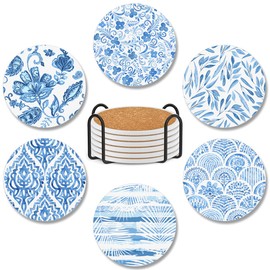 VAATOO Pack 6 Coasters Leaves Absorbent Ceramic Stone Coasters with Cork Base Tropical Fall Square Coaster Cold Drink Coffee Table Car Desk Kitchen Birthday Gifts for Women Adults Family