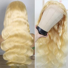 Shoaiye 4x4 Lace Front Real Hair Wig, Women's Body Wave Human Hair Wig, Wear and Go Glueless Remy Pre Plucked Natural Hairline, 150% Density, #613 Blonde Colour for Woman, 32 Inches