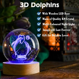 IFOLAINA IFOLAINA Dolphin Gift 3D Dolphins Figurines in Crystal Ball 60mm Laser Engraved Glass Sphere Home Decor with Wooden Light Base