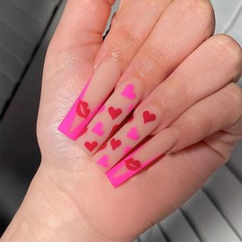 Valentine's Day Press on Nails Long Love Heart Red Lips False Nails with Design Ballet Shaped French Fake Nails Medium Acrylic Nails Full Cover Glossy Artificial Coffin Nails, Glue on Nails for Women