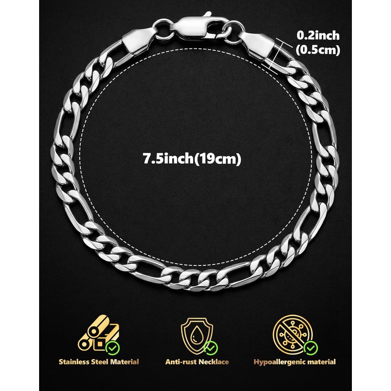 LuxGoth Stainless Steel Figaro Link Chain Bracelet Diamond-Cut Figaro Chain