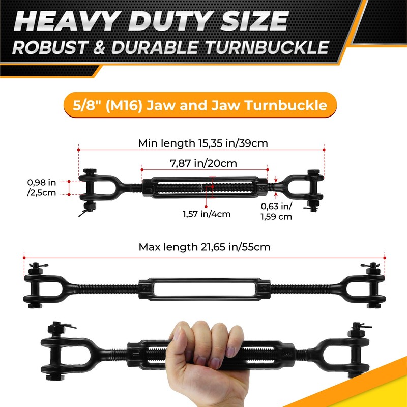 [Premium] 5/8”x15” Heavy Duty Jaw and Jaw Turnbuckle, 3500 lbs