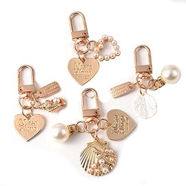 ELVRLA 4 Pcs Girls Women Beautiful Elegant Vintage Art Flower Floral Leaves Soft Clothes Style Keychain Lightweight Keyring Key Ring, Bag Backpack Shell Heart Decoration Pendant Pearl Strap -Set5