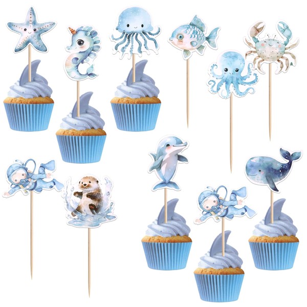 CharmeFleur 40 Stück Meerestier Cupcake Toppers Hai Delfin Seestern Tintenfisch