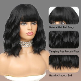 Black Wig with Bangs for Women,14 Inch Short Wavy Curly Bob Hair