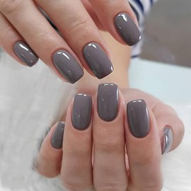 Square Press on Nails Short Fake Nails Grey Color Acrylic Nails with Solid Color Design Full Cover False Nails Glossy Glue on Nails Nature Press on Nails Stick on Nails for Women DIY Manicure24pcs