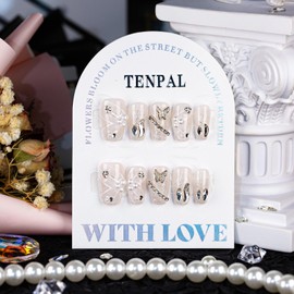 TENPAL Handmade White Nails with Butterfly Handmade Press on Nails Medium Coffin Soft Gel Fake Nails Acrylic Glossy Glue on Nails 10pcs/Box Full Cover Artificial Nails Press ons For Women(M)