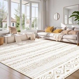 Large Living Room Area Rug 8x10: Soft Machine Washable Boho Moroccan Farmhouse Rugs for Bedroom Under Dining Table - Non Slip Neutral Morden Indoor Floor Carpet for Home Office Decor - Brown/Cream
