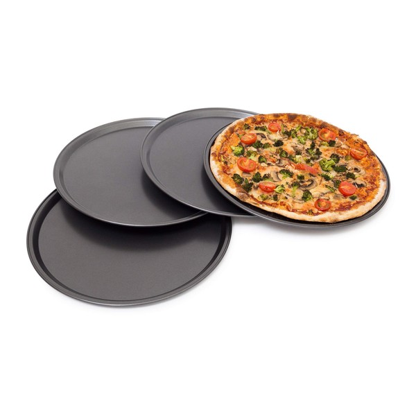 Relaxdays Round Pan 33 cm 4-Piece Set Plates with Non-Stick Coating Tarte Flambee with Extra Large Diameter Pizza Baking Tray Made of Carbon Steel, 33 x 33 x 1.8 cm, Grey