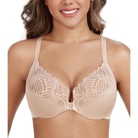 DotVol Women's Plus Size Front Closure Lace T-Back Underwire Everyday Bra(38D,Beige)