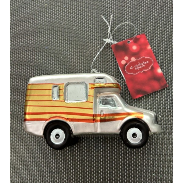 New St Nicholas Square Camping Truck Glass Ornament NWT Approx.