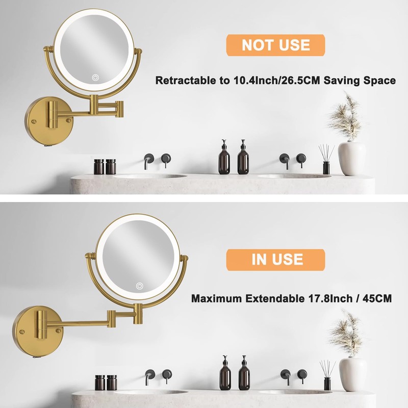 LEDOOLE 8” Wall Mounted Makeup Mirror 1X/10X Magnification, Rechargeable 2