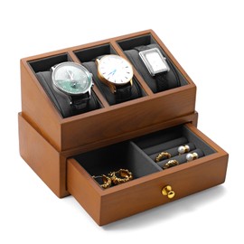Woodten Solid Wood Watch Display with Acrylic Cover - 3 Slots Watch Case with Drawer for Jewelry Storage, Perfect for Jewelers, Exhibits, or Home Decor(Grey)