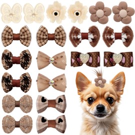 20Pcs Brown Small Dog Hair Bows Cute Puppy Dog Bowknot Hair Bow Bulk with Rubber Bands Elastic Lace Rhinestone Pearls Hair Ties Mix Style Handmade Flower Bow Dog Cat (Brown, Classic Pattern)