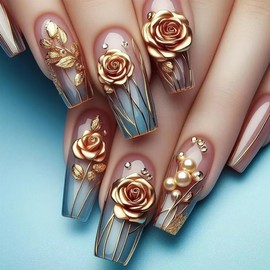 24Pcs Blue Ombre Press on Nails Medium Square WLGDLH Coffin False Nails 3D Gold Rose Floral Pearls Design Full Cover Glossy Artificial Acrylic Fake Nails Press Ons Reusable Glue on Nails for Women